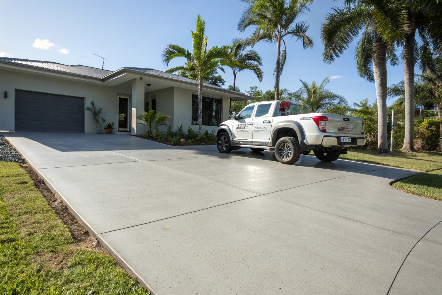 a-freshly-poured-plain-concrete-driveway-leading-t Plain concrete driveway Townsville suburban home with vehicle