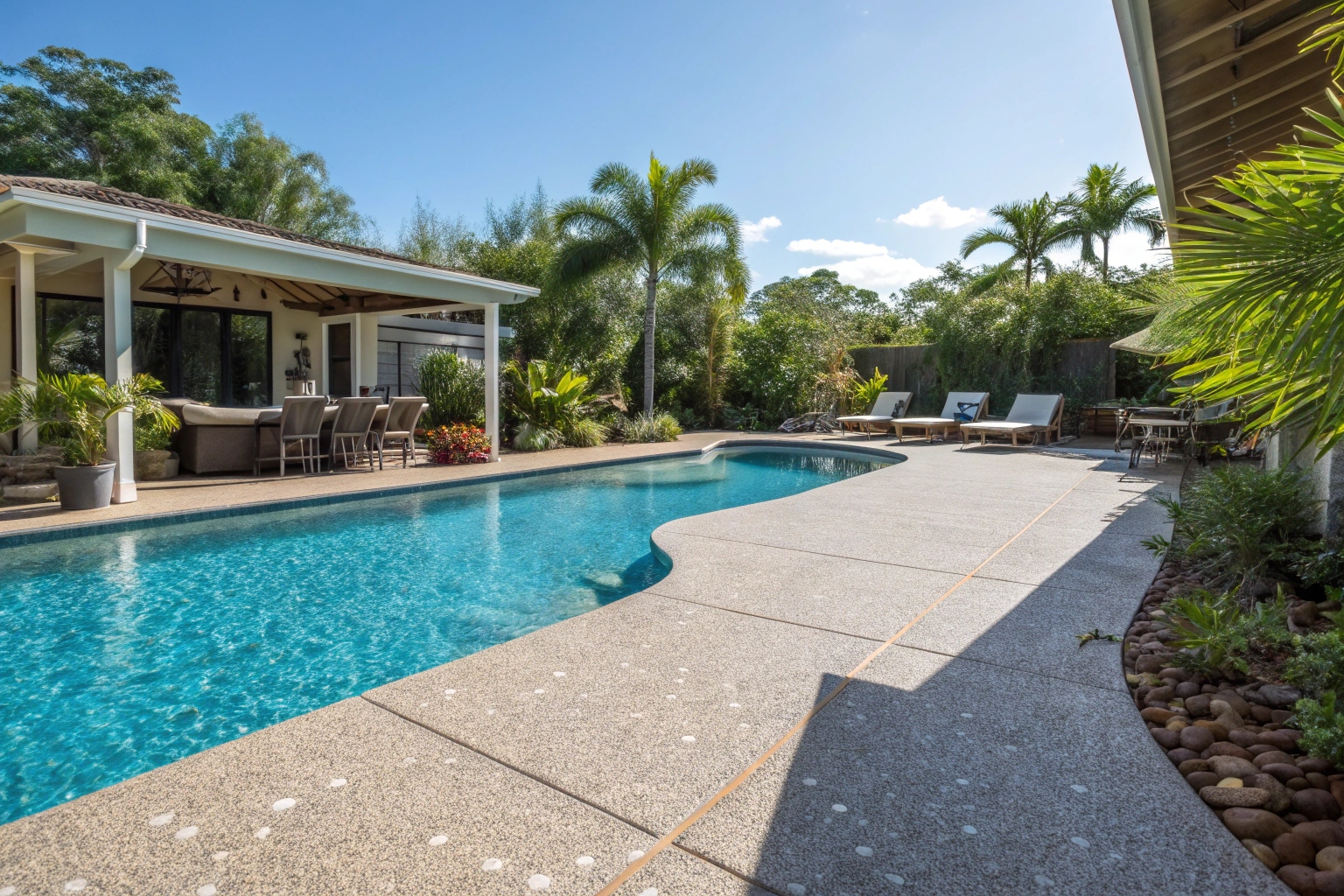 Exposed aggregate pool deck surrounding residential swimming pool in Townsville