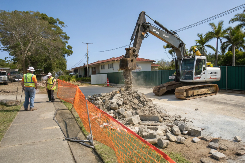Professional excavator demolishing traditional Queenslander home in Townsville with safety barriers and dust control