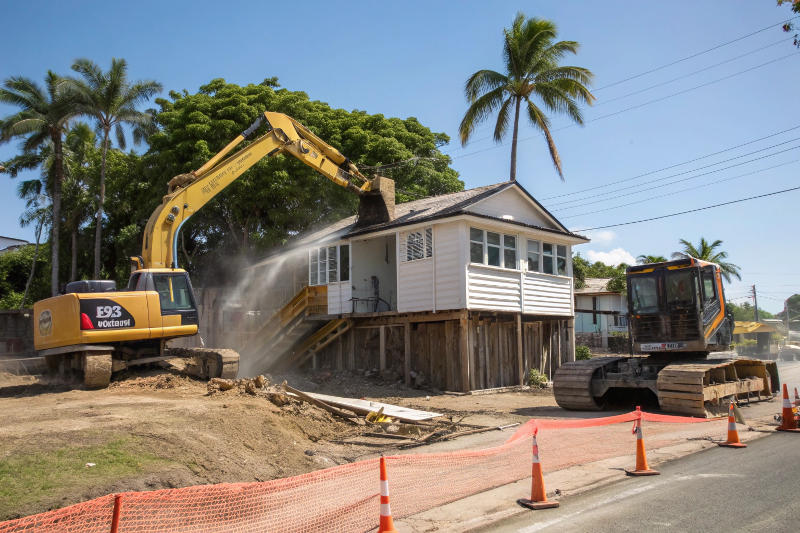 Excavator with hydraulic breaker removing residential concrete driveway in Townsville with safety crew supervision