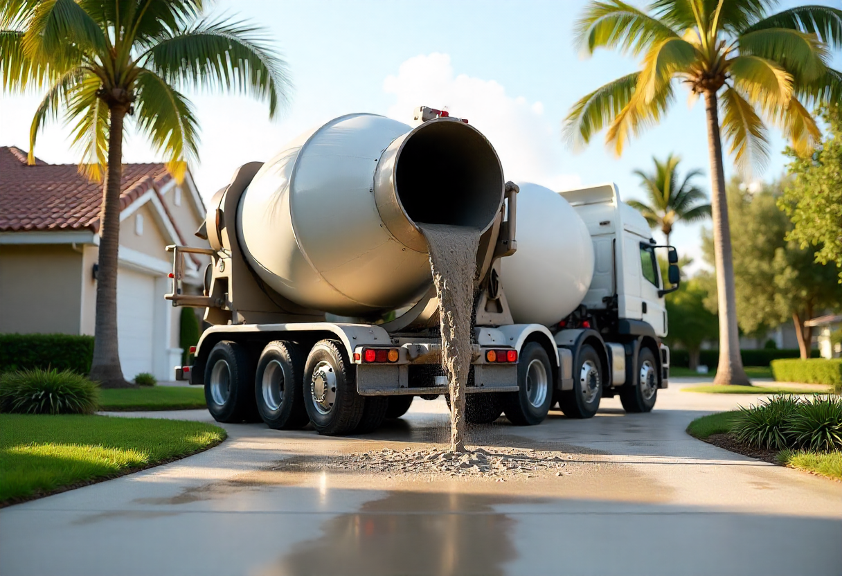 Modern concrete mixer truck with rotating drum pouring fresh Premix concrete