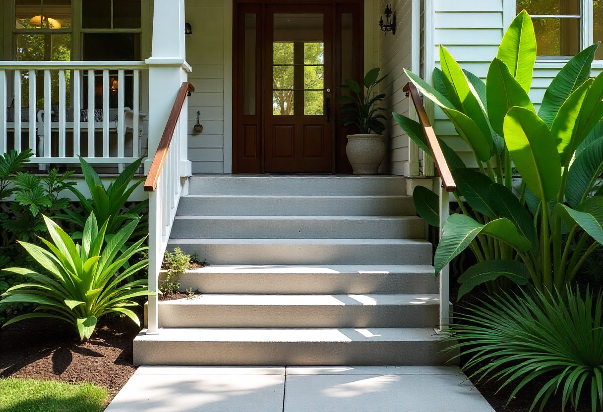 Wide concrete entry steps leading up to a traditional raised Queenslander-style home Wide concrete entry steps leading up to a traditional raised Queenslander-style home