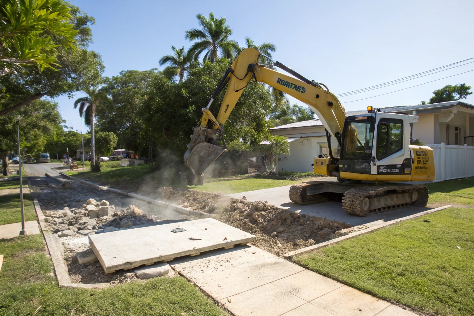 Excavator demolishing concrete slab at Townsville home