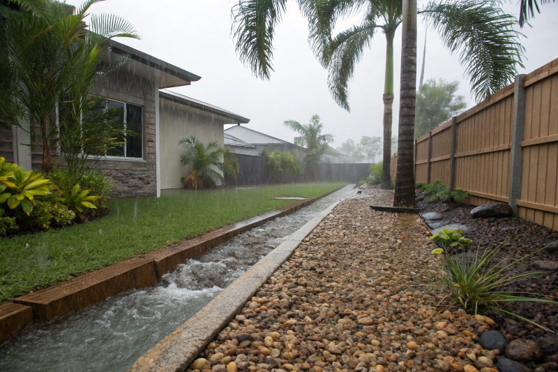 Drainage trench managing wet season stormwater in Townsville property