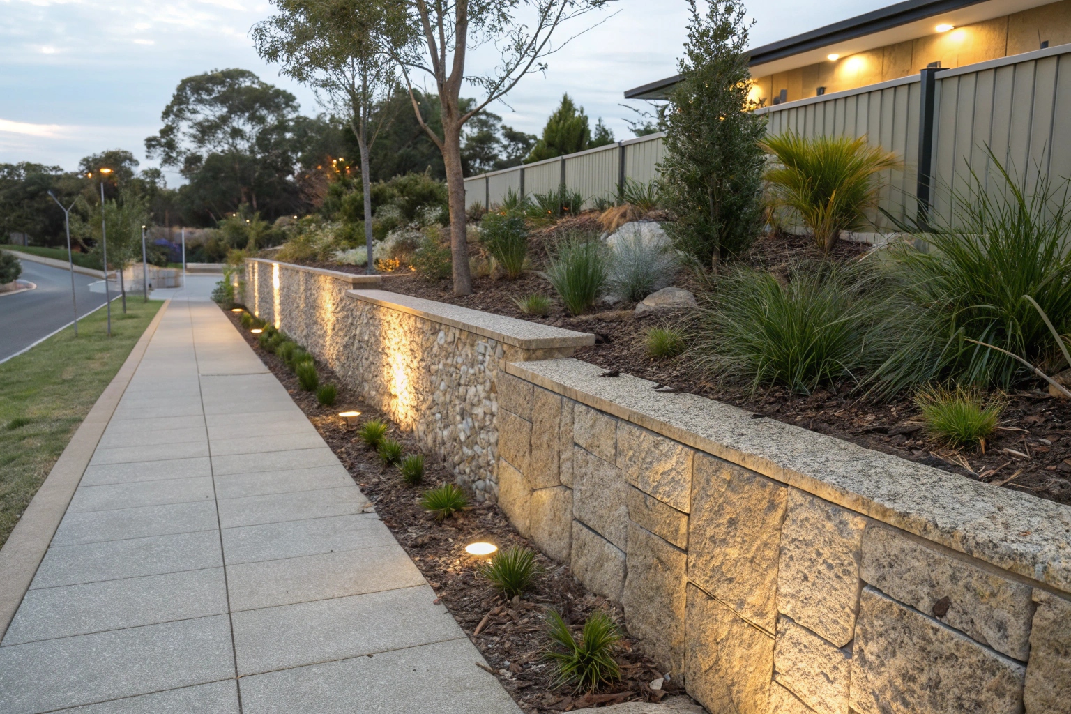 Decorative exposed aggregate concrete retaining wall in Townsville residential property