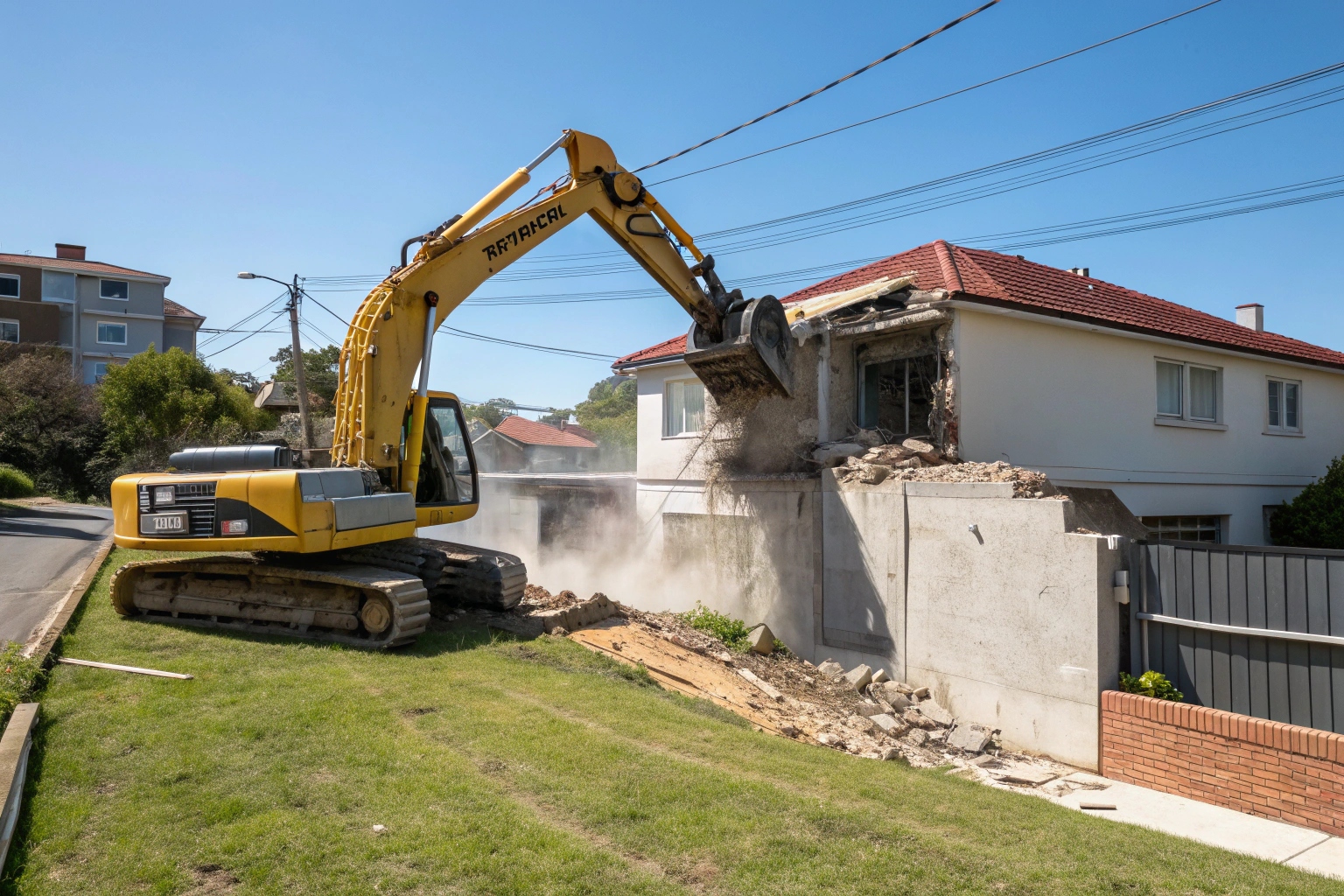 Excavator demolishing concrete structure in Townsville suburb