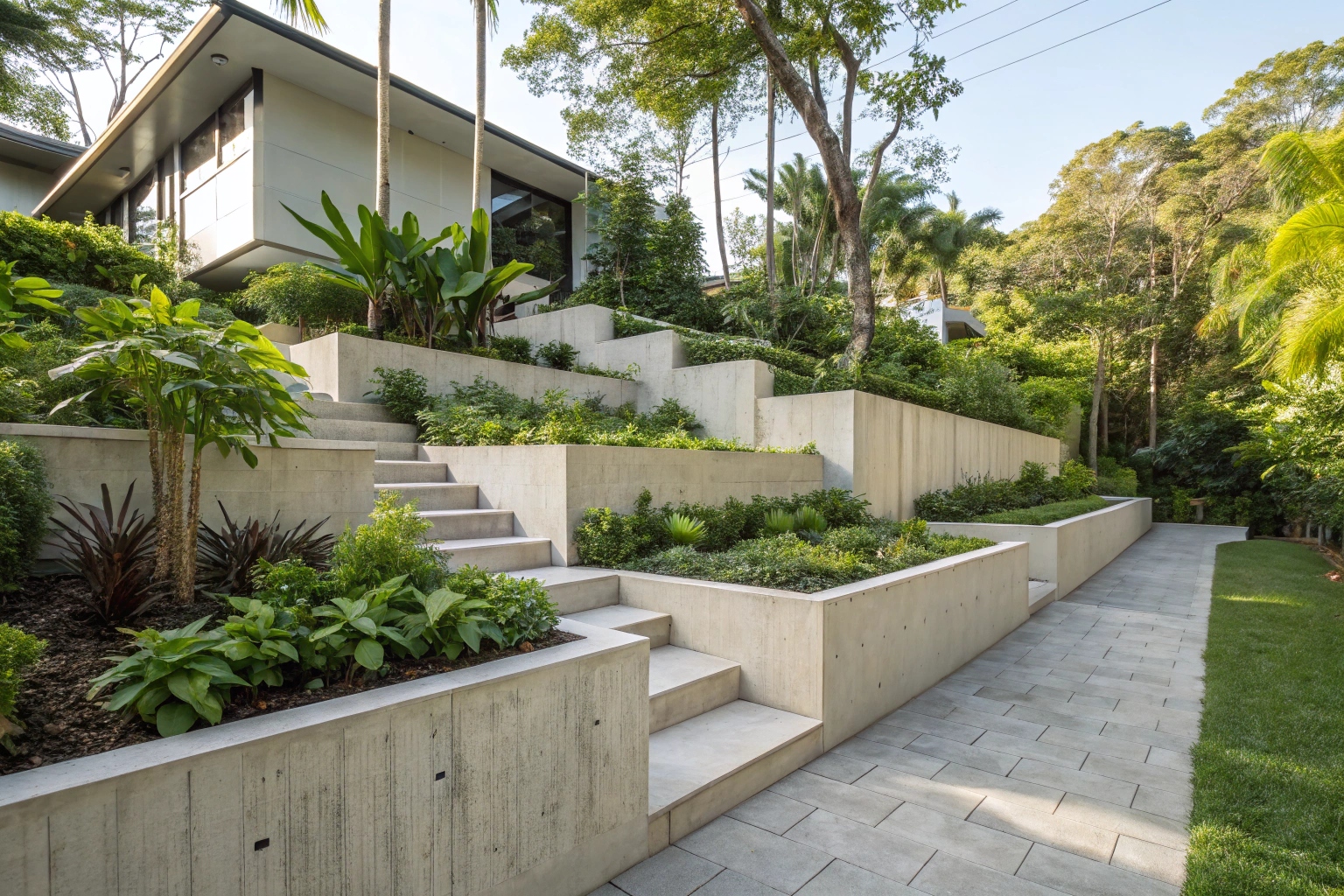 Tiered concrete retaining walls creating usable terraced garden space in Townsville backyard