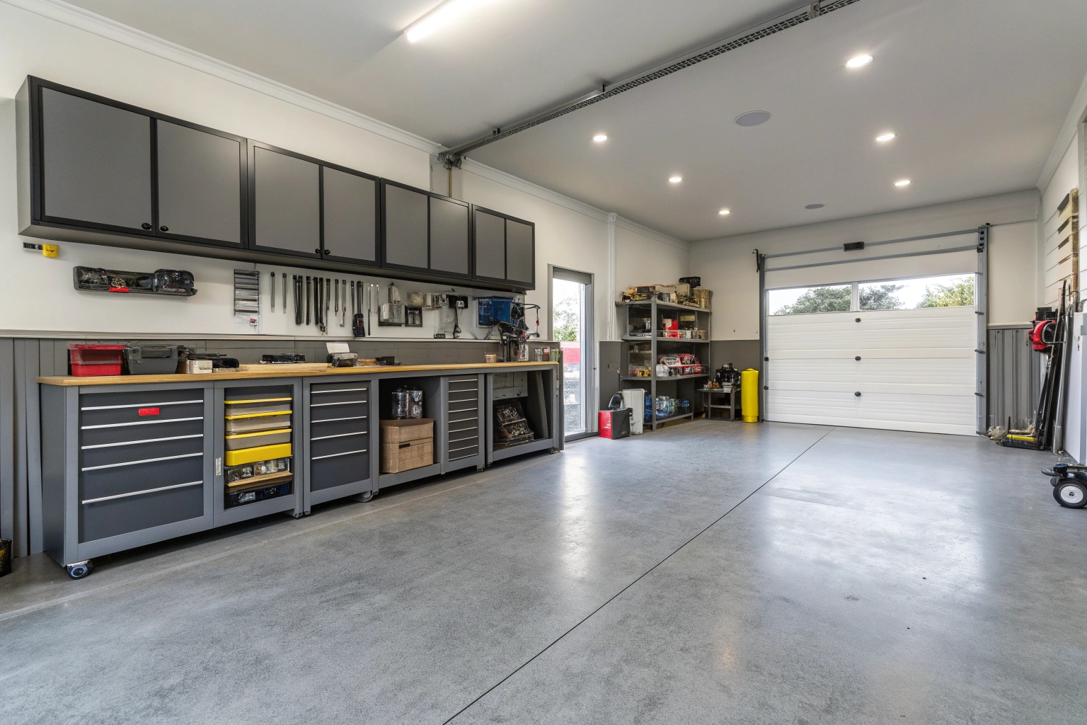 Workshop garage with durable concrete slab floor for heavy equipment and storage