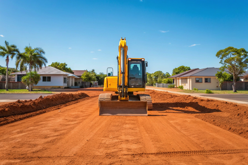 Excavator preparing house pad site excavation in Townsville residential suburb