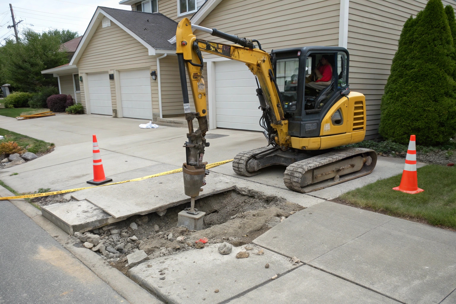 Excavator demolishing concrete driveway Townsville