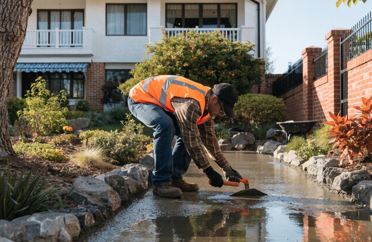 Concreter laying a new footpath at a Hermit Park residential property
