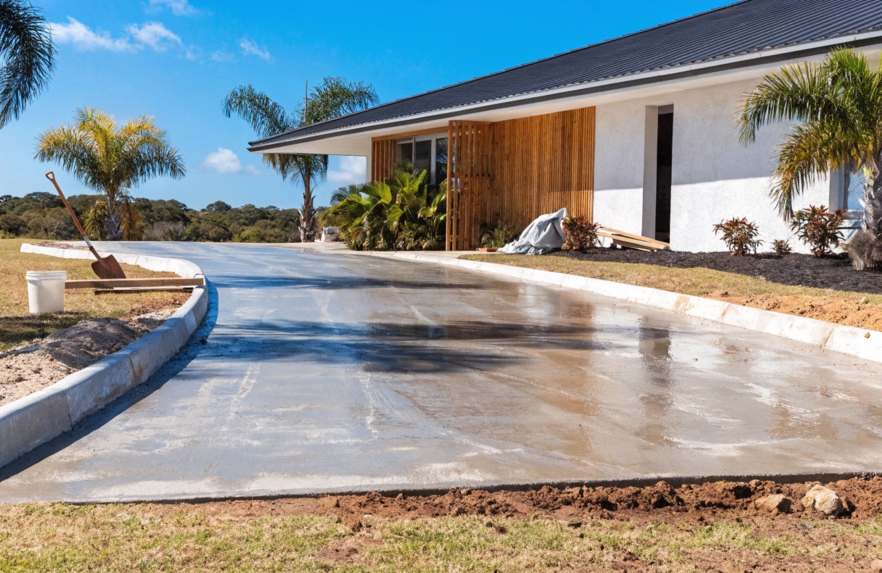 a-freshly-poured-concrete-driveway-in-front-of-a-m New concrete driveway at a Bushland Beach coastal home