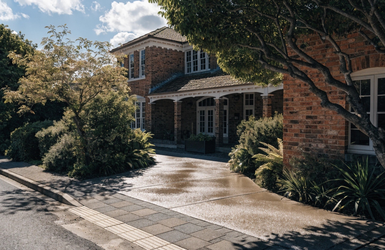 a-freshly-poured-concrete-driveway-outside-an-olde New concrete driveway installed at an established home in Hermit Park Townsville