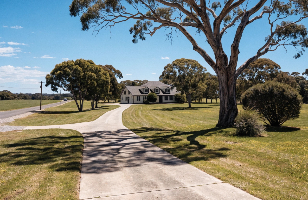 Long concrete driveway leading to a family home on a Rasmussen acreage block