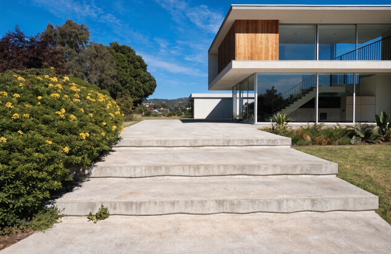 Stepped concrete driveway leading to a Mount Louisa hillside home
