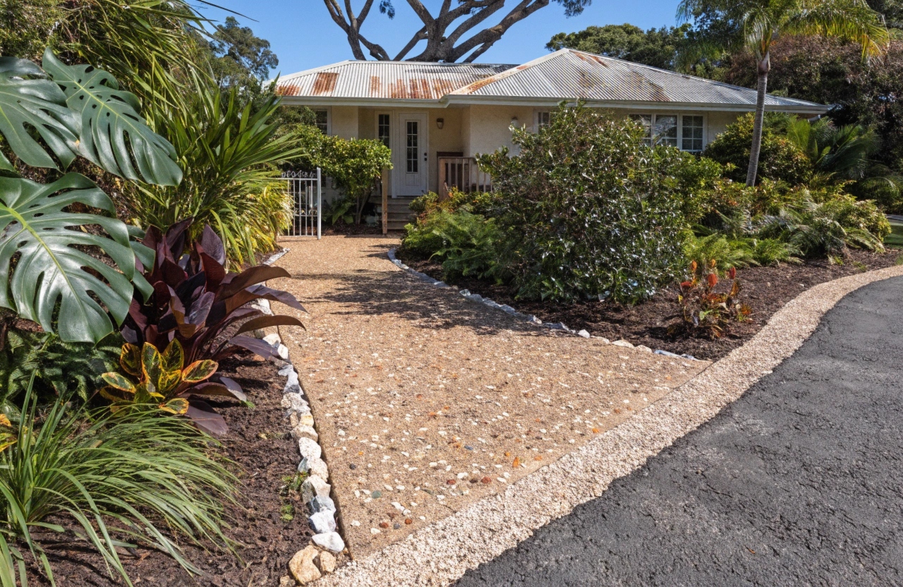 Exposed aggregate concrete pathway at a Bushland Beach home